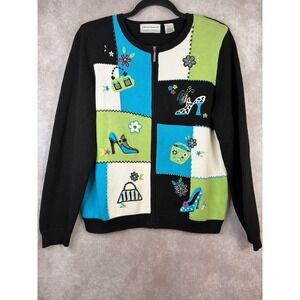 VTG Alfred Dunner Cardigan Sweater Womens PXL Black Colorblock Shoe Handbag